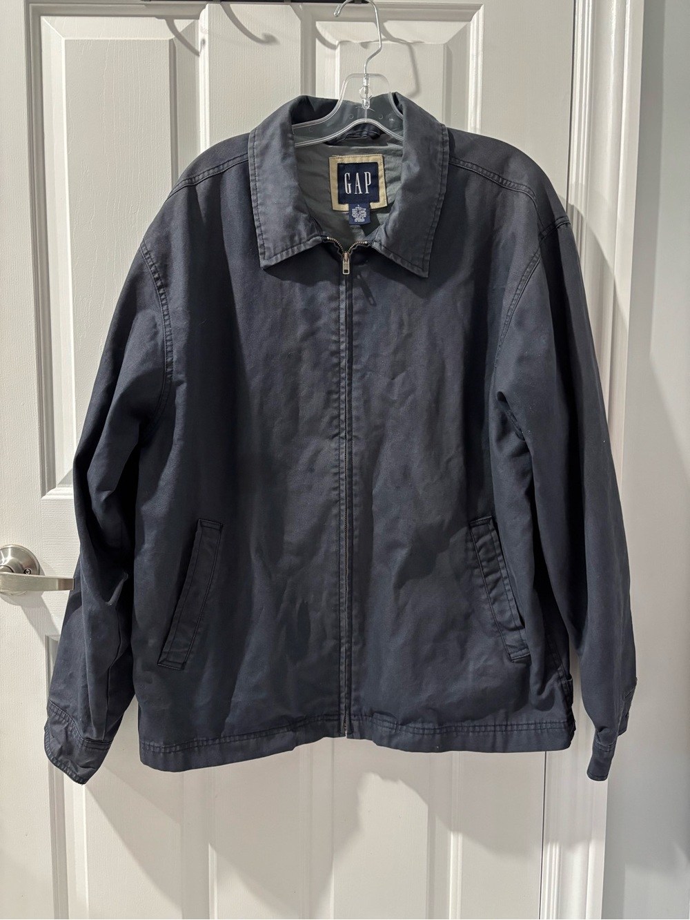 Vintage 90s GAP Blue Cotton Canvas Workwear Jacket Bomber Size Large Distressed